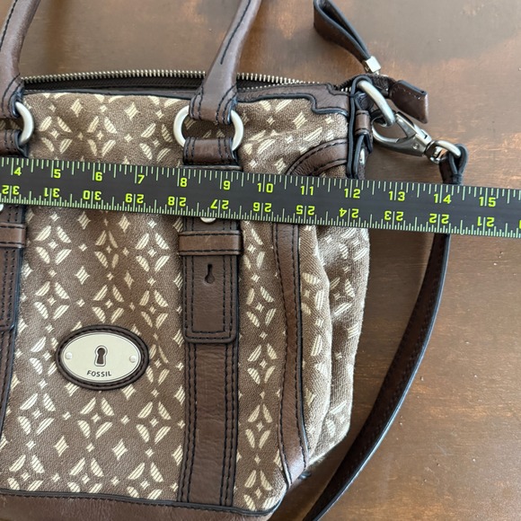 Fossil Maddox Crossbody Purse Handbag‎ Brown Canvas Geometric Satchel Bag